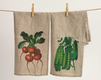 Set of Natural Linen Vegetable Kitchen Towels, Peas and Radish Print Tea Towel Set, Spring Dish Towel, Cottage Kitchen Decor