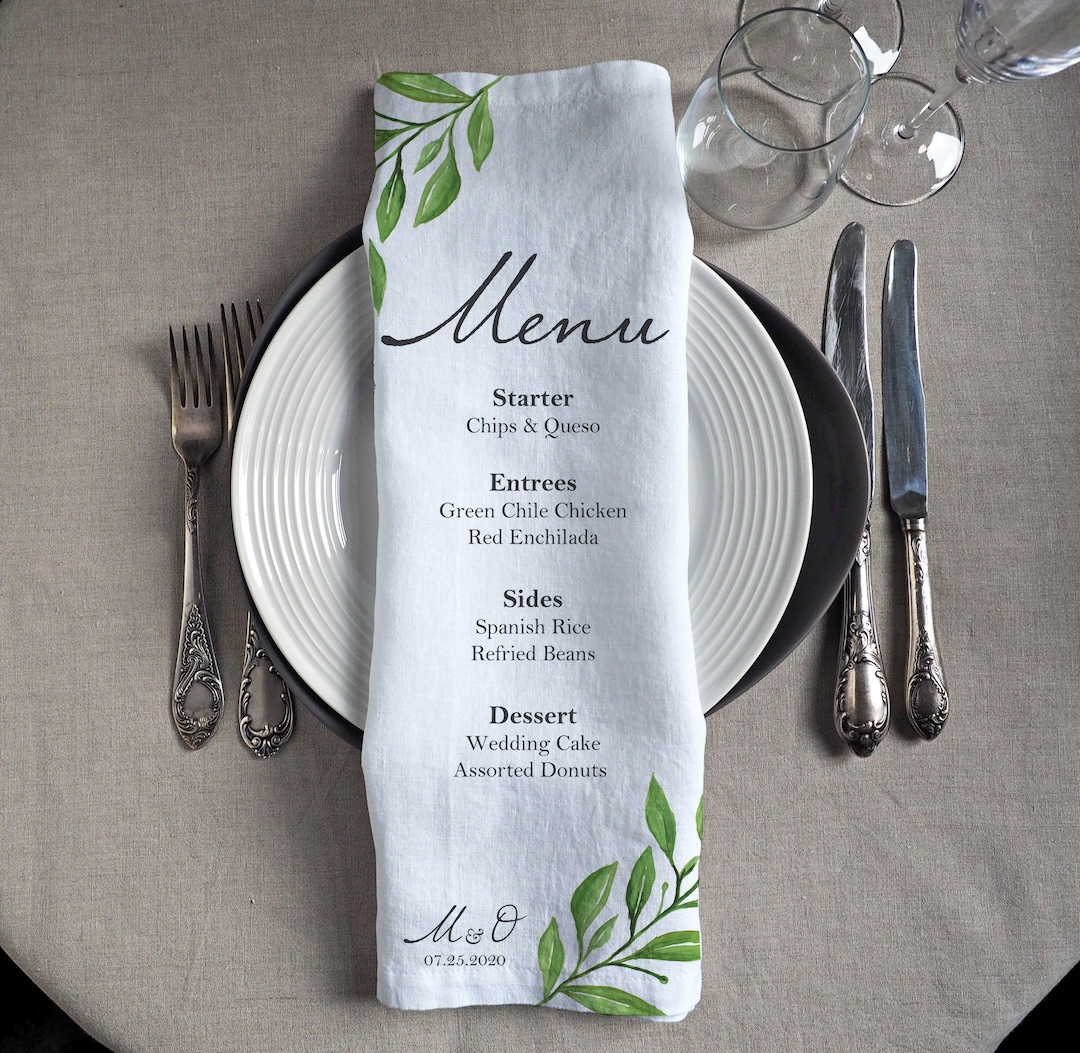 Personalized Wedding Cloth Napkins With Menu, Set of Custom Printed