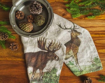 Set of Linen Kitchen Towels With Deer and Moose Prints, Woodland Wild Animals Design