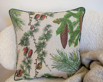 Conifers Linen Cushion Cover with Piping, Botanical Square Throw Pillow, Winter Accent Decorative Cushion