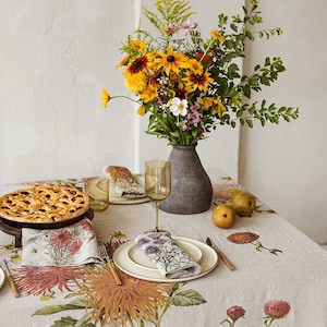 Natural Linen Tablecloth with Country Flowers Prints, Floral Fall Table Cloth, Botanical Autumn Table Decor image 7