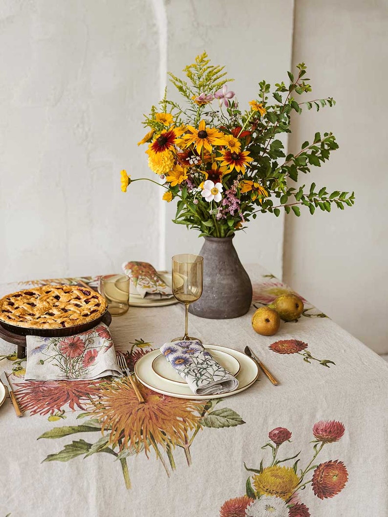 Natural Linen Tablecloth with Country Flowers Prints, Floral Fall Table Cloth, Botanical Autumn Table Decor image 7