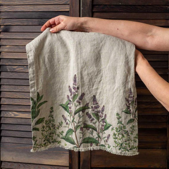 Linen Hand Towel with Fine Herbs Prints, Herbal Bathroom Decor, Botanical Towel