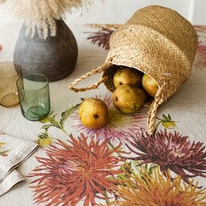 Natural Linen Tablecloth with Country Flowers Prints, Floral Fall Table Cloth, Botanical Autumn Table Decor image 8