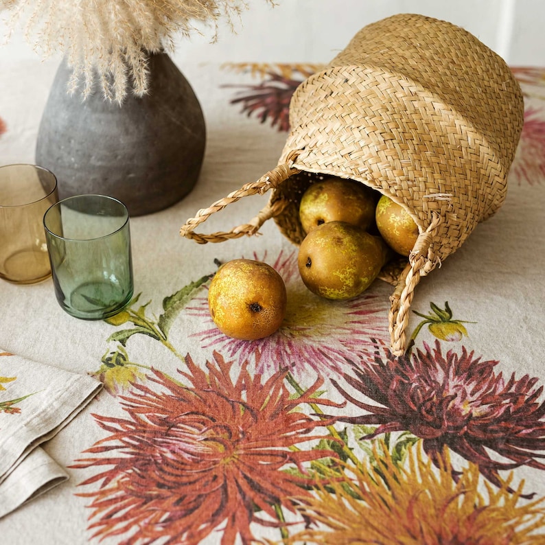 Natural Linen Tablecloth with Country Flowers Prints, Floral Fall Table Cloth, Botanical Autumn Table Decor image 8