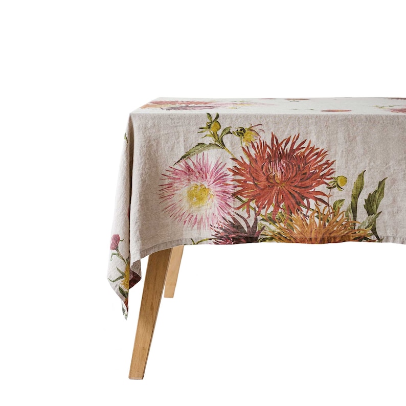 Natural Linen Tablecloth with Country Flowers Prints, Floral Fall Table Cloth, Botanical Autumn Table Decor image 3