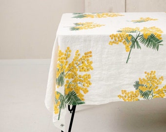 White Linen Tablecloth with Mimosa Prints, Yellow Floral Table Cloth, Botanical Table Decor