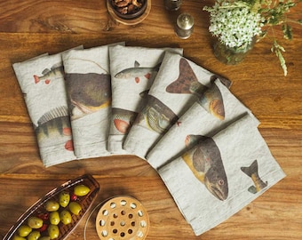 Linen Napkins Set of 6: Freshwater Fish Prints, Lakeside Cabin Decor