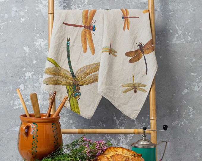 Linen Kitchen Towels Set: Lakeside Dragonfly Prints, Country Cabin Decor