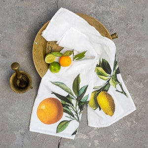 Set of 2 Linen Kitchen Towels with Citrus Prints, Lemon and Orange Print Tea Towel Set, Printed Dish Towel