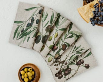 Set of 6 Linen Napkins with Olives Print: Botanical Herb Prints, Mediterranean Decor