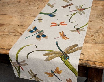 Linen table runner with Lakeside Dragonflies print, Lodge table decor idea, Cabin table topper