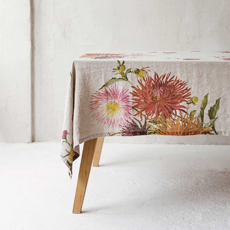 Natural Linen Tablecloth with Country Flowers Prints, Floral Fall Table Cloth, Botanical Autumn Table Decor image 6