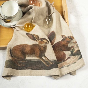 Set of Linen Kitchen Towels With Hare and Squirrel Prints, Wild Animals Design Tea Towels, Printed Woodland Kitchen Towel