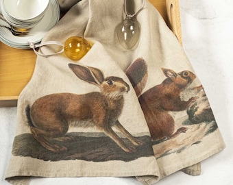 Set of Linen Kitchen Towels With Hare and Squirrel Prints, Wild Animals Design Tea Towels, Printed Woodland Kitchen Towel