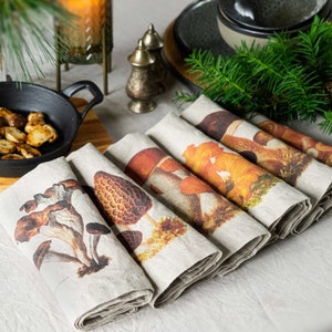 Set of Washed Linen Napkins with Mushroom Print, Woodland Cloth Napkins, Autumn Table Decor, Fall home decor, Housewarming gift