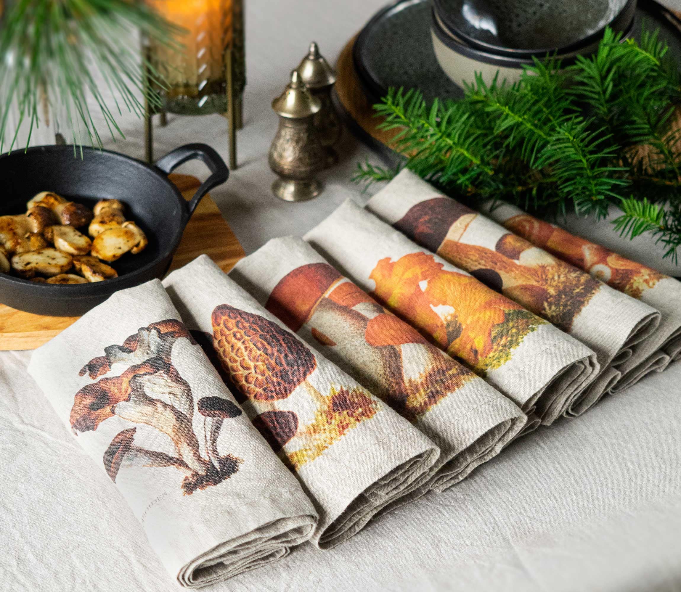 Set of Washed Linen Napkins With Mushroom Print, Woodland