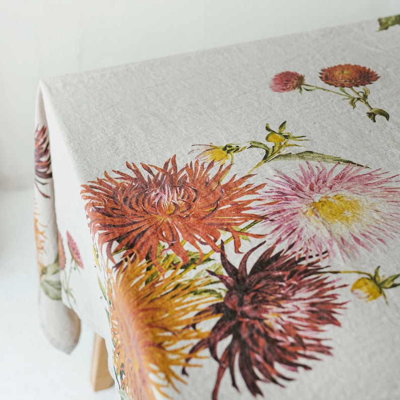 Natural Linen Tablecloth with Country Flowers Prints, Floral Fall Table Cloth, Botanical Autumn Table Decor image 4