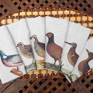 Set of 6 Linen Napkins with Wild Birds, Bird Design Natural Cloth Dinning Napkins, Reusable napkins set, Rustic linen napkins