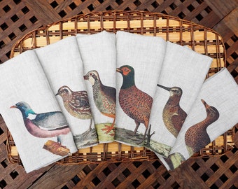 Set of 6 Linen Napkins with Wild Birds, Bird Design Natural Cloth Dinning Napkins, Reusable napkins set, Rustic linen napkins
