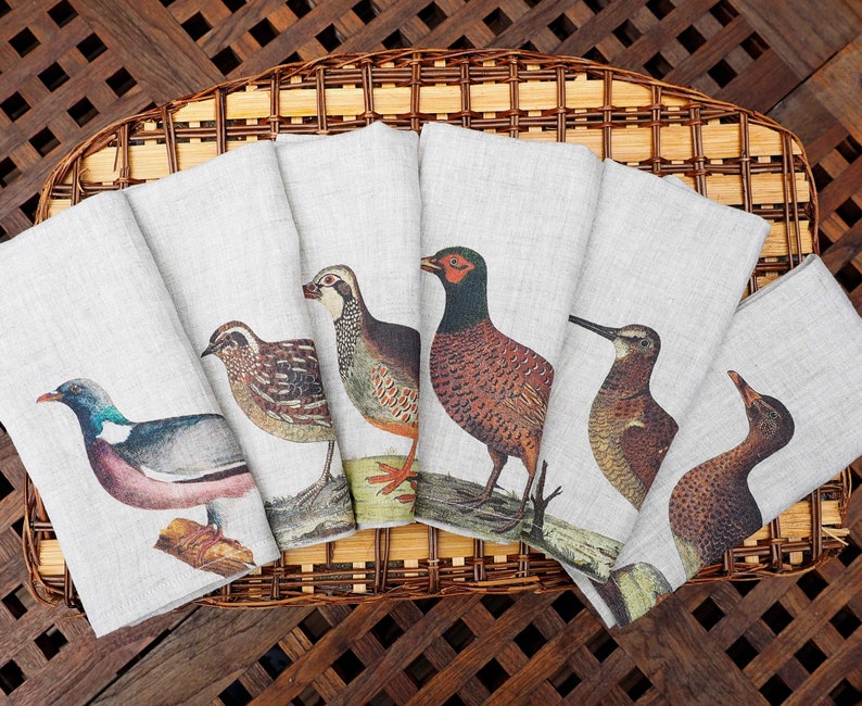 Set of 6 Linen Napkins with Wild Birds Bird Design Natural Etsy