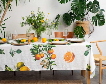 White Linen Tablecloth with Citrus Print, Orange and Lemons Table Cloth, Mediterranean Table Decor