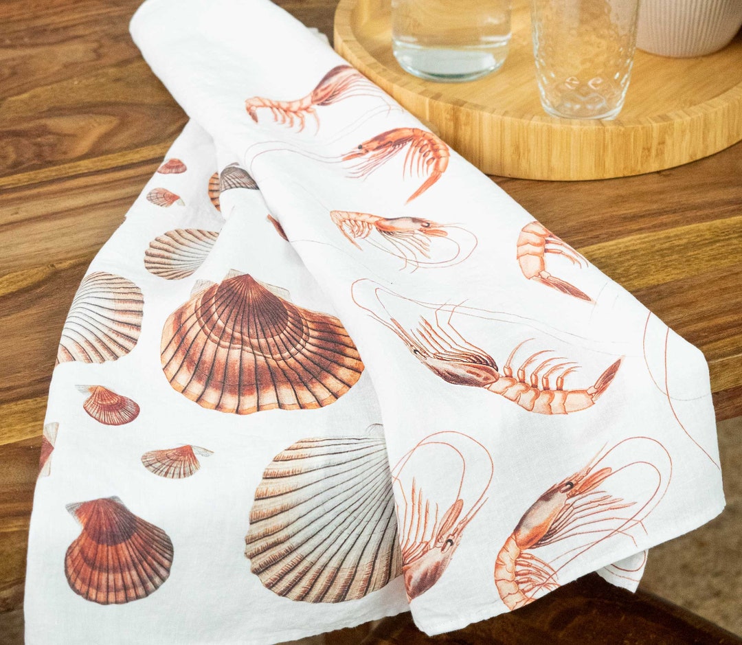 Set of 2 White Linen Tea Towels With Shrimps and Oyster Prints