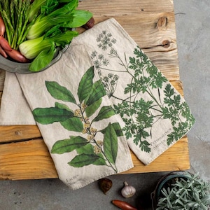 Set of Linen Kitchen Towels With Aromatic Herbs Prints, Botanical Parsley and Bay Leaf Tea Towels, Printed Dish Towel
