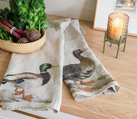 Linen Kitchen Towels Woodpecker & Hoopo (set of 2) - LINOROOM 100% LINEN  TEXTILES