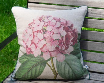 Hydrangea Natural Floral Linen Cushion Cover, Botanical Accent Pillow