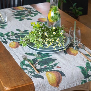 Natural Linen Table Runner with Lemon Print, Citrus Table Decor, Country House Cloth Table Runner, Mediterranean Table Decor