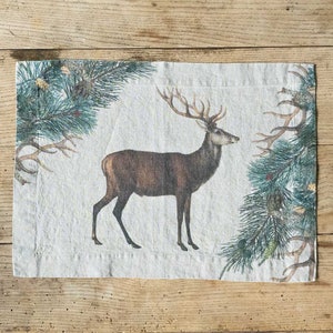Linen placemats set with deer print, Forest cloth place mats, Lodge table decor idea, Woodland Winter table decor
