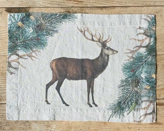 Juego de manteles individuales de lino con estampado de ciervos, decoración de mesa estilo cabaña en el bosque
