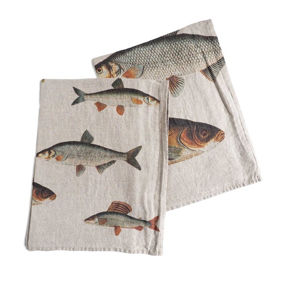 Fish Linen Kitchen Towels with Hanging Loop (set of 2) - LINOROOM 100%  LINEN TEXTILES