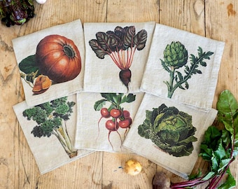 Set of Natural Linen Napkins with Vegetable Prints, Fall Rustic Cottage Table Decor