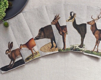 Set of Washed Linen Napkins with Wild Forest Animals Print, Woodland Cloth Napkins