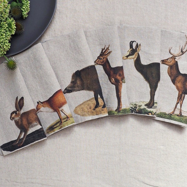 Set of Washed Linen Napkins with Wild Forest Animals Print, Woodland Cloth Napkins