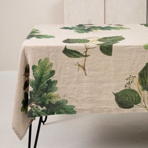 Natural Linen Tablecloth with Green Trees Prints, Leaves Table Cloth, Botanical Table Decor image 3