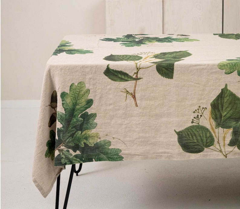 Natural Linen Tablecloth with Green Trees Prints, Leaves Table Cloth, Botanical Table Decor image 3