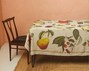 Natural Linen Tablecloth with Fruit Print, Rustic Table Cloth, Garden Table Decor