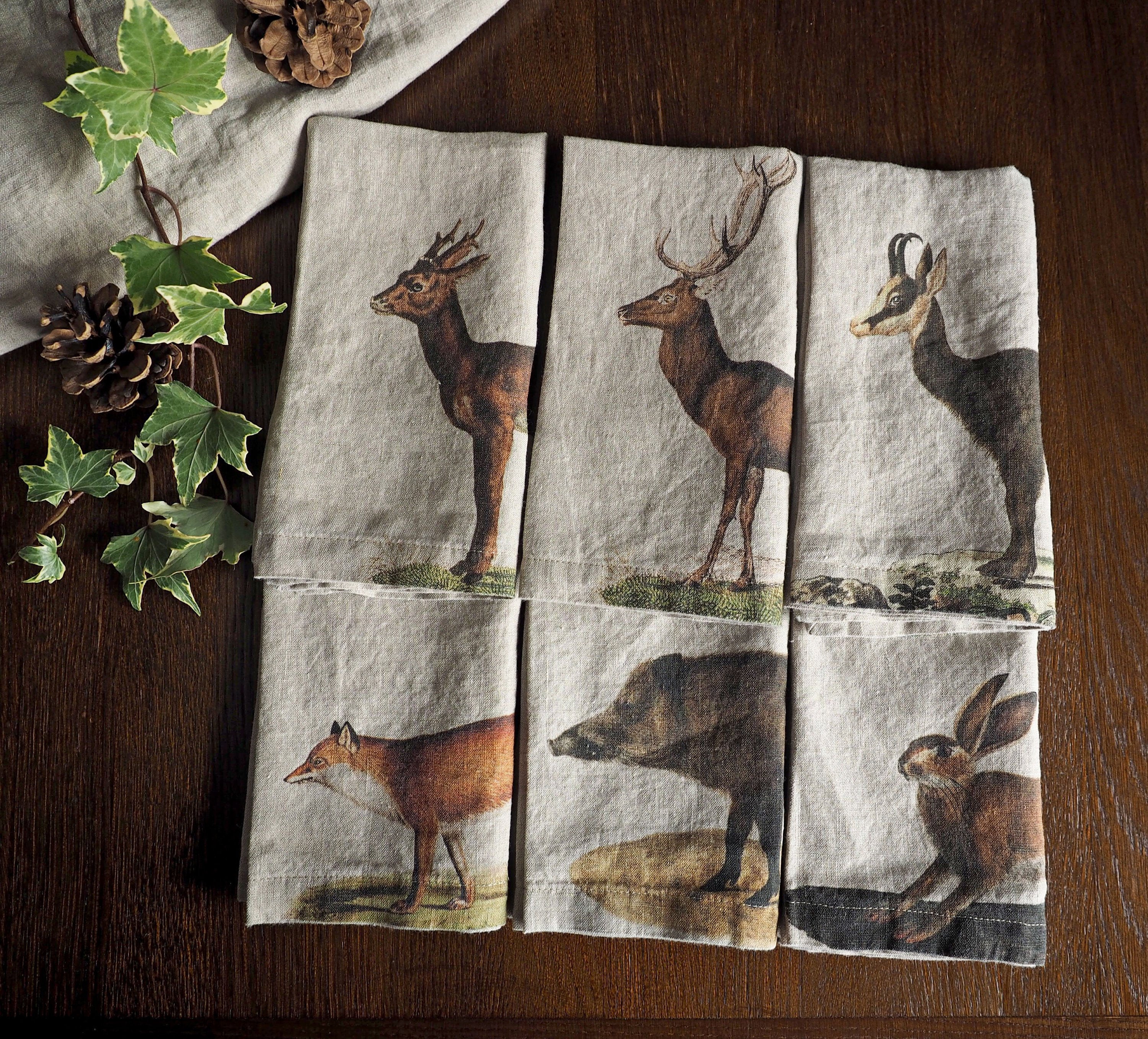 Set of Washed Linen Napkins with Wild Forest Animals Print Etsy
