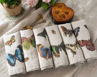 Set of Linen Napkins with Colorful Butterflies, Spring Cloth Dinning Napkins, Butterfly Table Decor