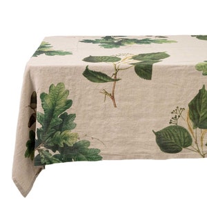 Natural Linen Tablecloth with Green Trees Prints, Leaves Table Cloth, Botanical Table Decor image 2