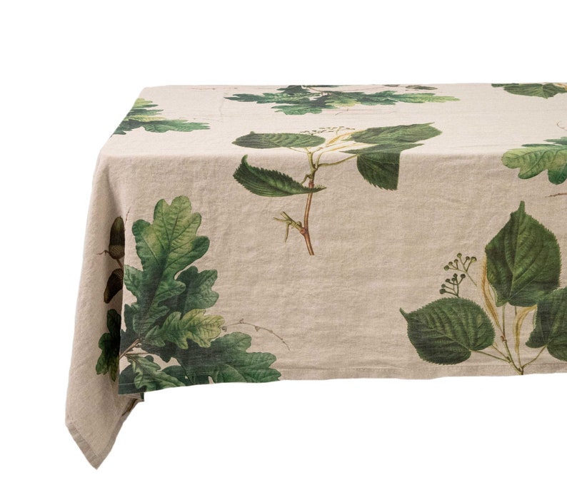 Natural Linen Tablecloth with Green Trees Prints, Leaves Table Cloth, Botanical Table Decor image 2