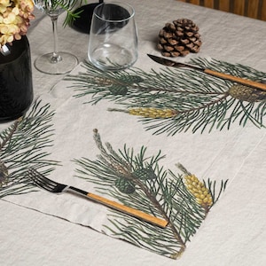 Linen placemats set with pine print, Tree cloth place mats, Lodge table decor idea, Woodland Christmas table decor