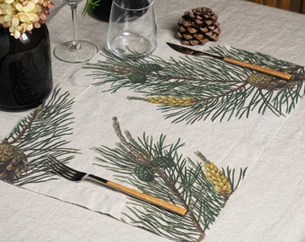 Linen placemats set with pine print, Tree cloth place mats, Lodge table decor idea, Woodland Christmas table decor