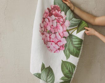 Linen Bath Towel with Hydrangea Prints, Floral Bathroom Decor