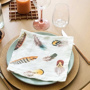 Set of Washed Linen Napkins with Feather Prints, White Cloth Napkins, Dreamy Table Decor
