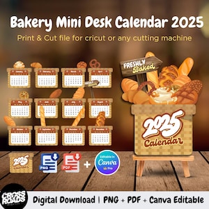 Bakery calendar 2025, bread mini calendar, desk calendar, baking calendar 2025, calendar template, printable calendar 2025, desktop calendar
