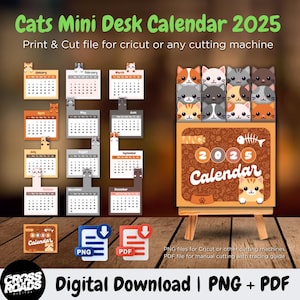 Cat Calendar 2025, Mini Calendar, Printable Calendar, Cats Printable Calendar, Calendar Template, Desk Calendar, cut file calendar